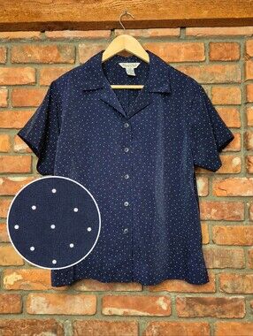Vintage 90s Hunt Club Navy Polka Dot Button Down Blouse Size L Petite